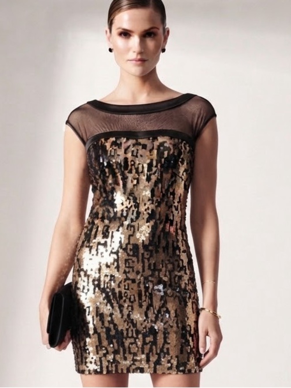 Tadashi Shoji Gold Sequin Mini Dress 4 with Black Mesh Yoke